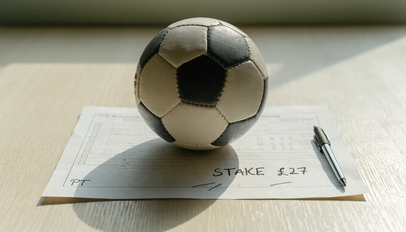 Uma bola de futebol pousada sobre um talão de apostas em branco numa mesa de madeira, à luz do dia