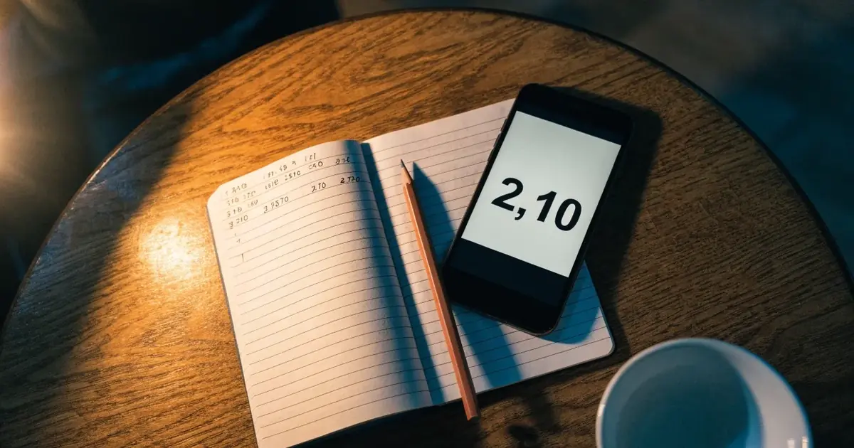 Um caderno aberto com cotas escritas à mão, uma calculadora e um lápis sobre uma mesa de madeira