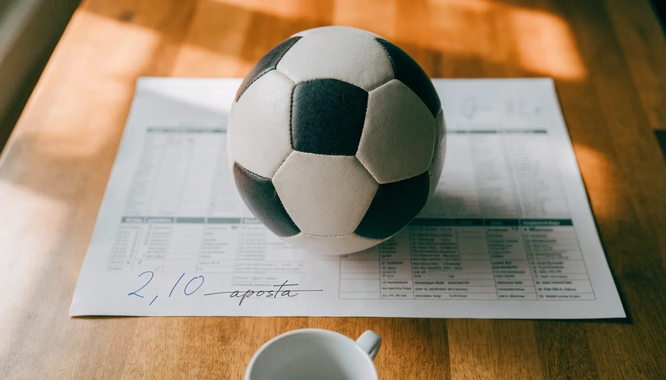 Uma bola de futebol pousada sobre um talão de apostas em branco numa mesa de madeira, à luz do dia