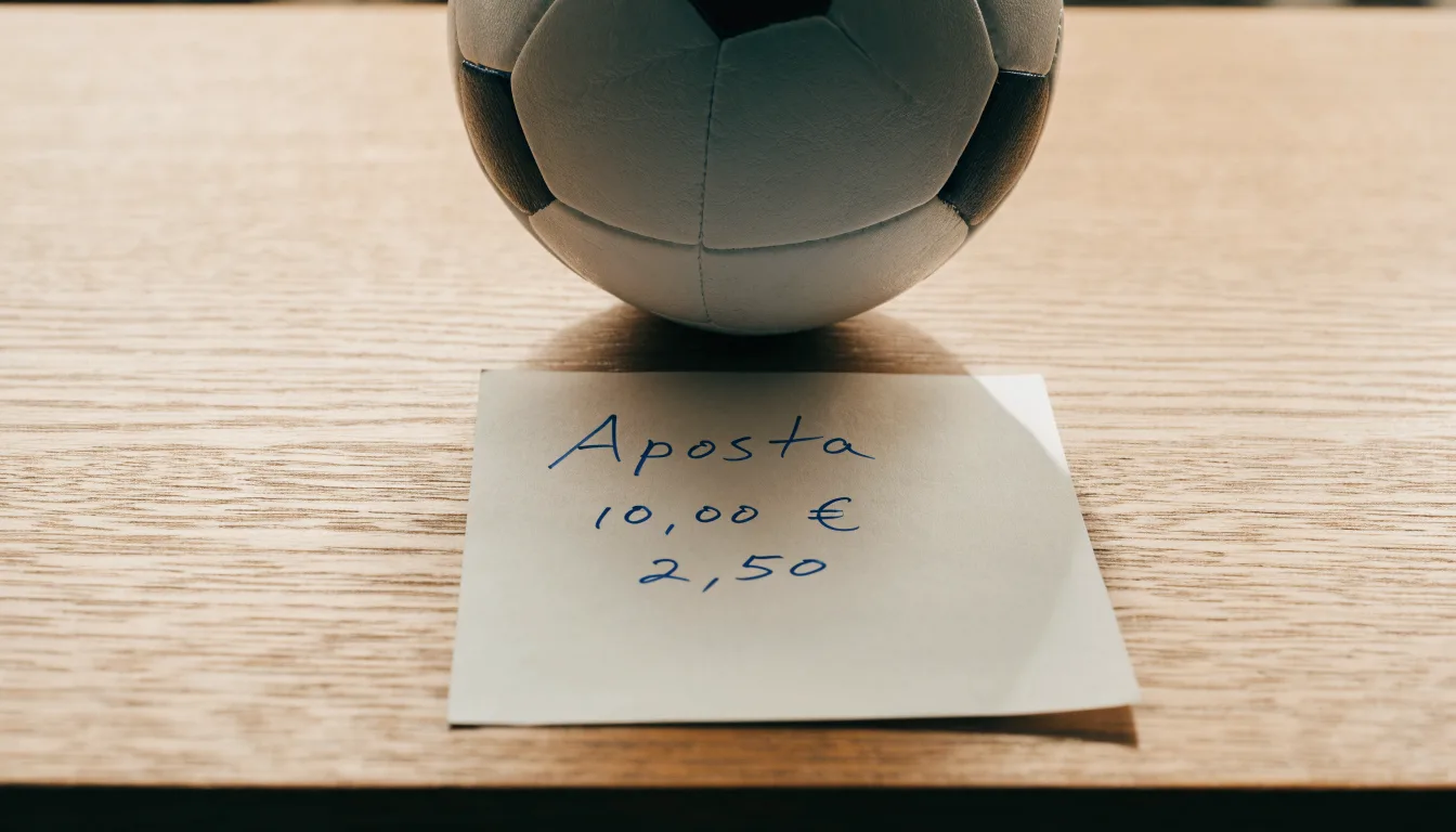 Uma bola de futebol pousada sobre um talão de apostas em branco numa mesa de madeira, à luz do dia