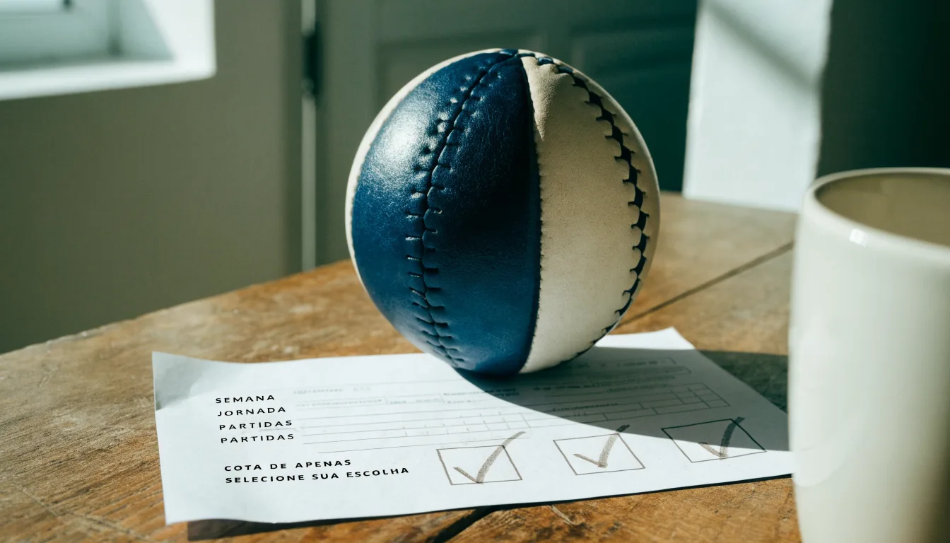 Uma bola de futebol pousada sobre um talão de apostas em branco numa mesa de madeira, à luz do dia