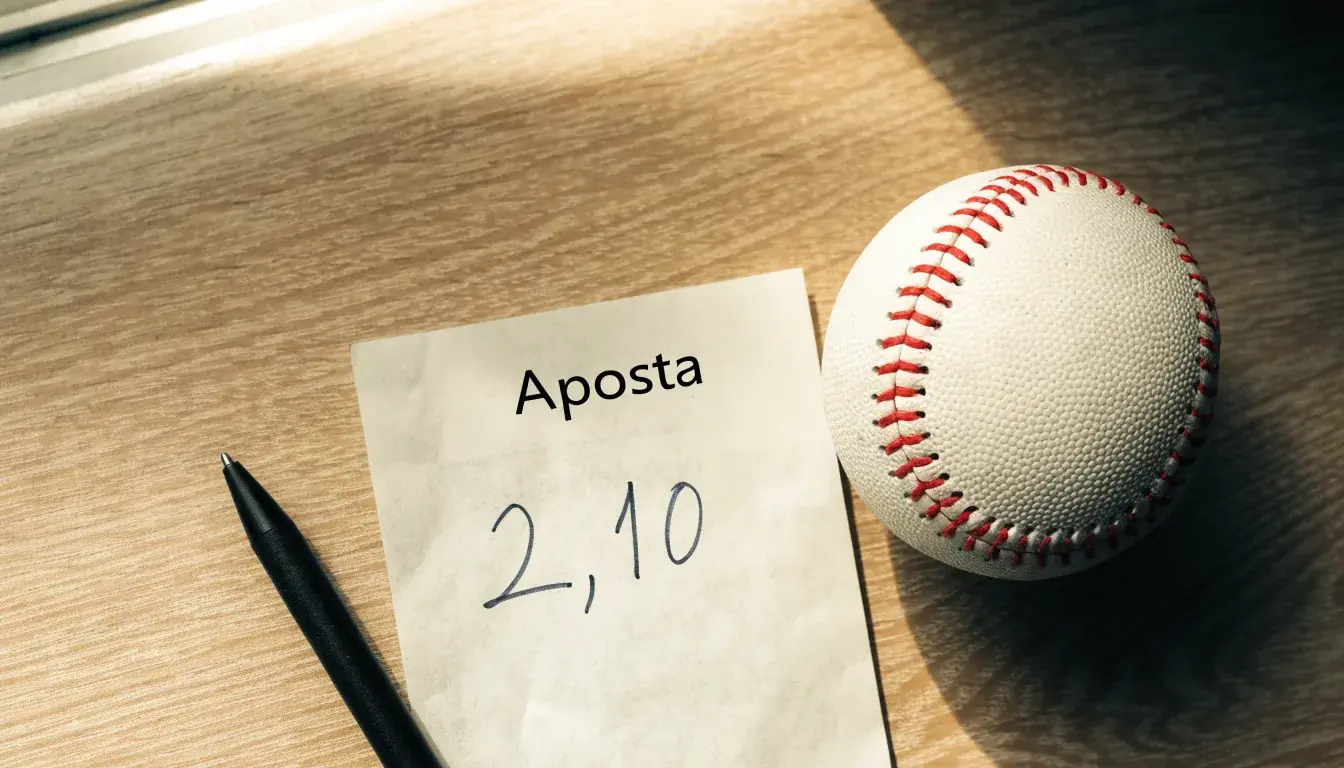 Uma bola de futebol pousada sobre um talão de apostas em branco numa mesa de madeira, à luz do dia