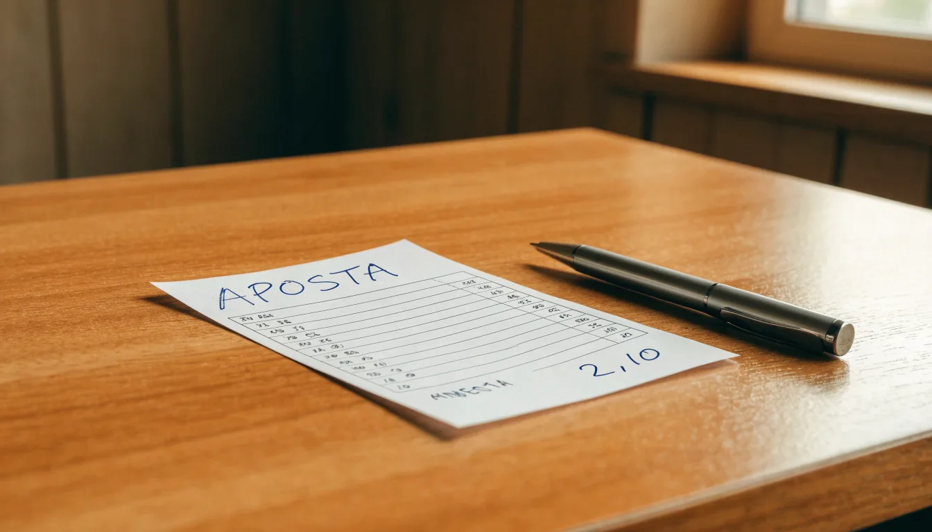 Uma bola de futebol pousada sobre um talão de apostas em branco numa mesa de madeira, à luz do dia