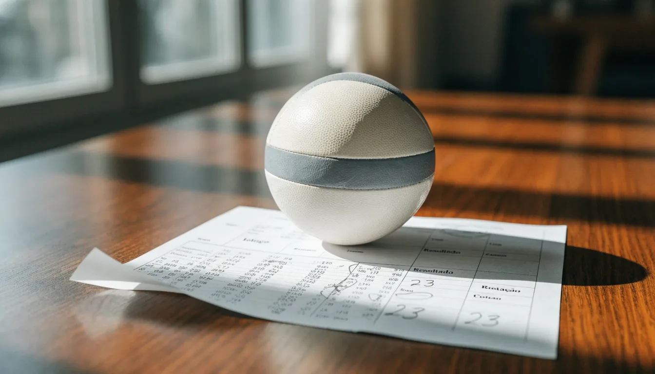 Uma bola de futebol pousada sobre um talão de apostas em branco numa mesa de madeira, à luz do dia