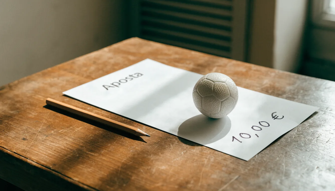 Uma bola de futebol pousada sobre um talão de apostas em branco numa mesa de madeira, à luz do dia