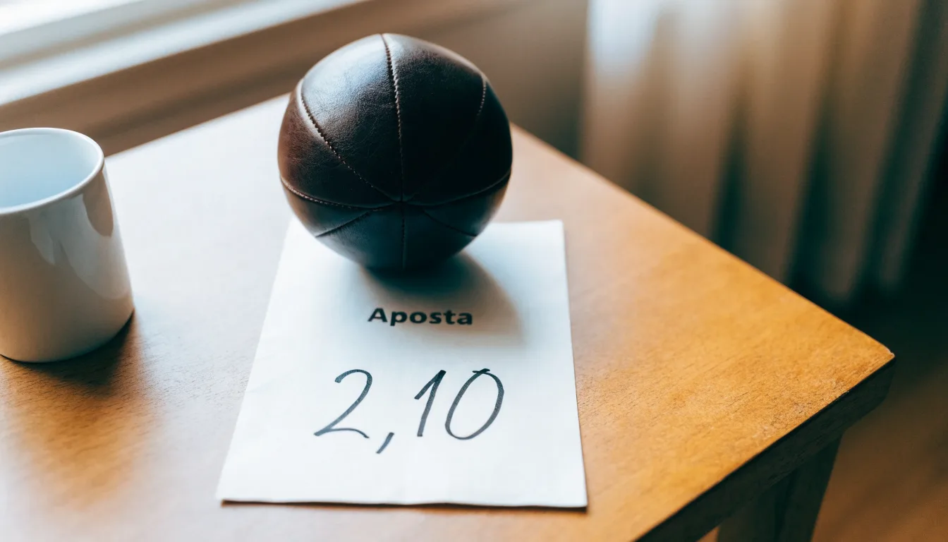 Uma bola de futebol pousada sobre um talão de apostas em branco numa mesa de madeira, à luz do dia