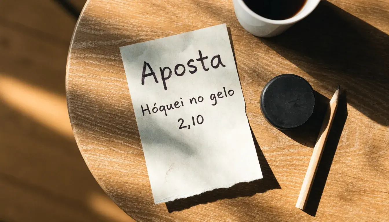 Uma bola de futebol pousada sobre um talão de apostas em branco numa mesa de madeira, à luz do dia