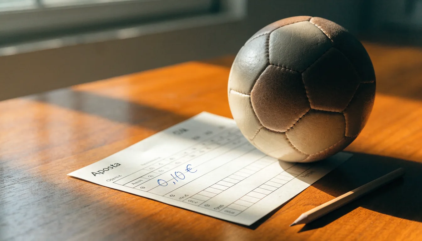 Uma bola de futebol pousada sobre um talão de apostas em branco numa mesa de madeira, à luz do dia