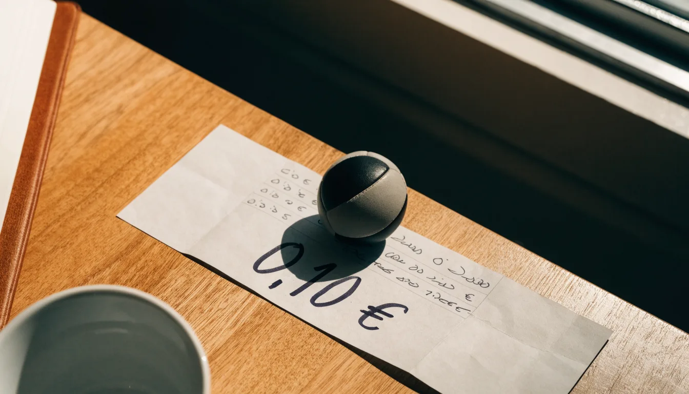 Uma bola de futebol pousada sobre um talão de apostas em branco numa mesa de madeira, à luz do dia