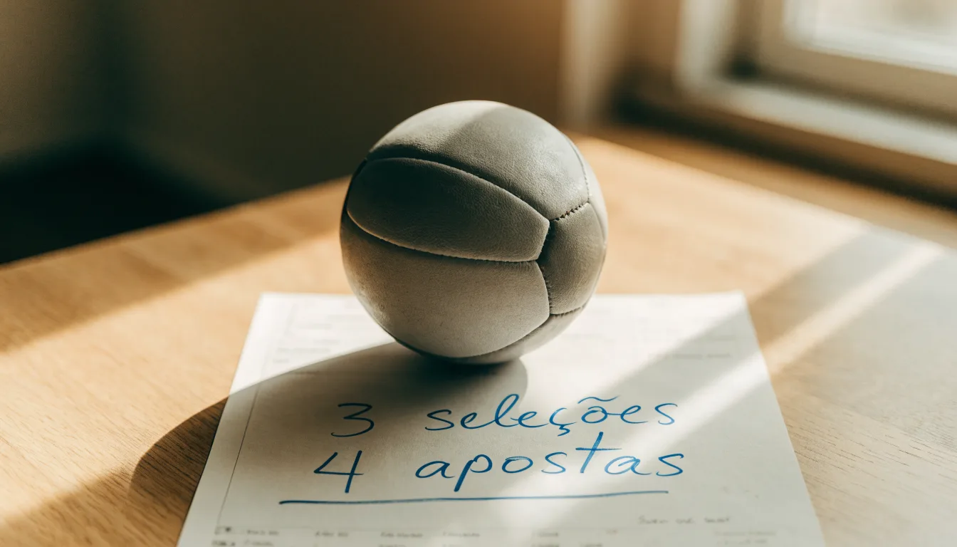 Uma bola de futebol pousada sobre um talão de apostas em branco numa mesa de madeira, à luz do dia