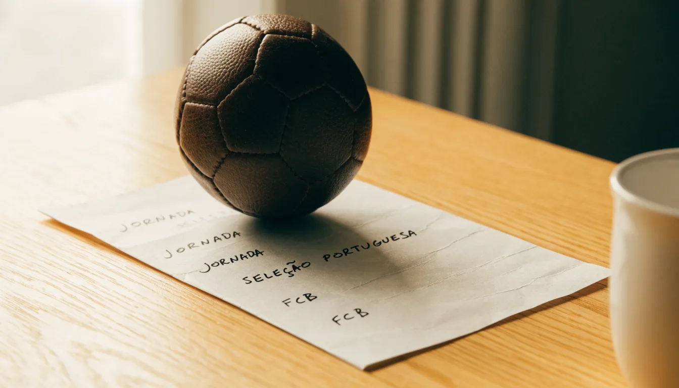 Uma bola de futebol pousada sobre um talão de apostas em branco numa mesa de madeira, à luz do dia