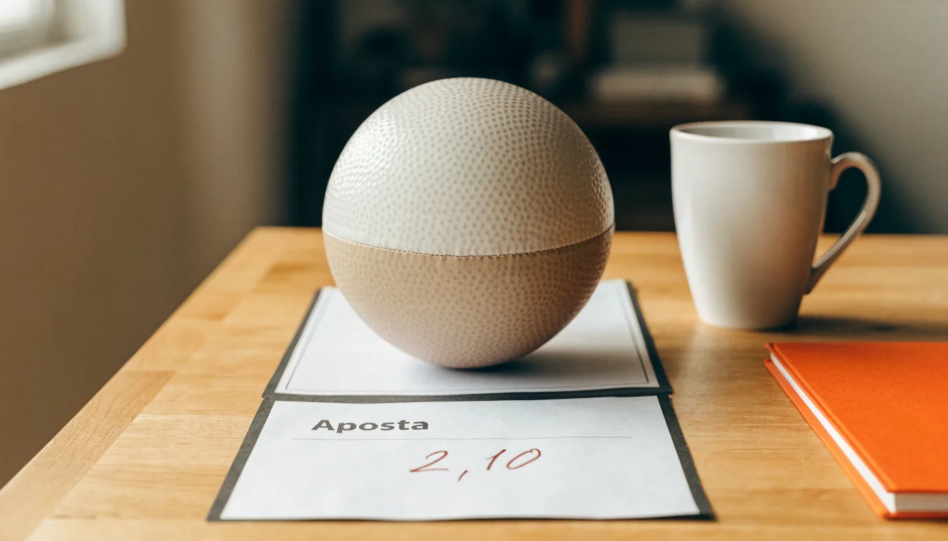 Uma bola de futebol pousada sobre um talão de apostas em branco numa mesa de madeira, à luz do dia
