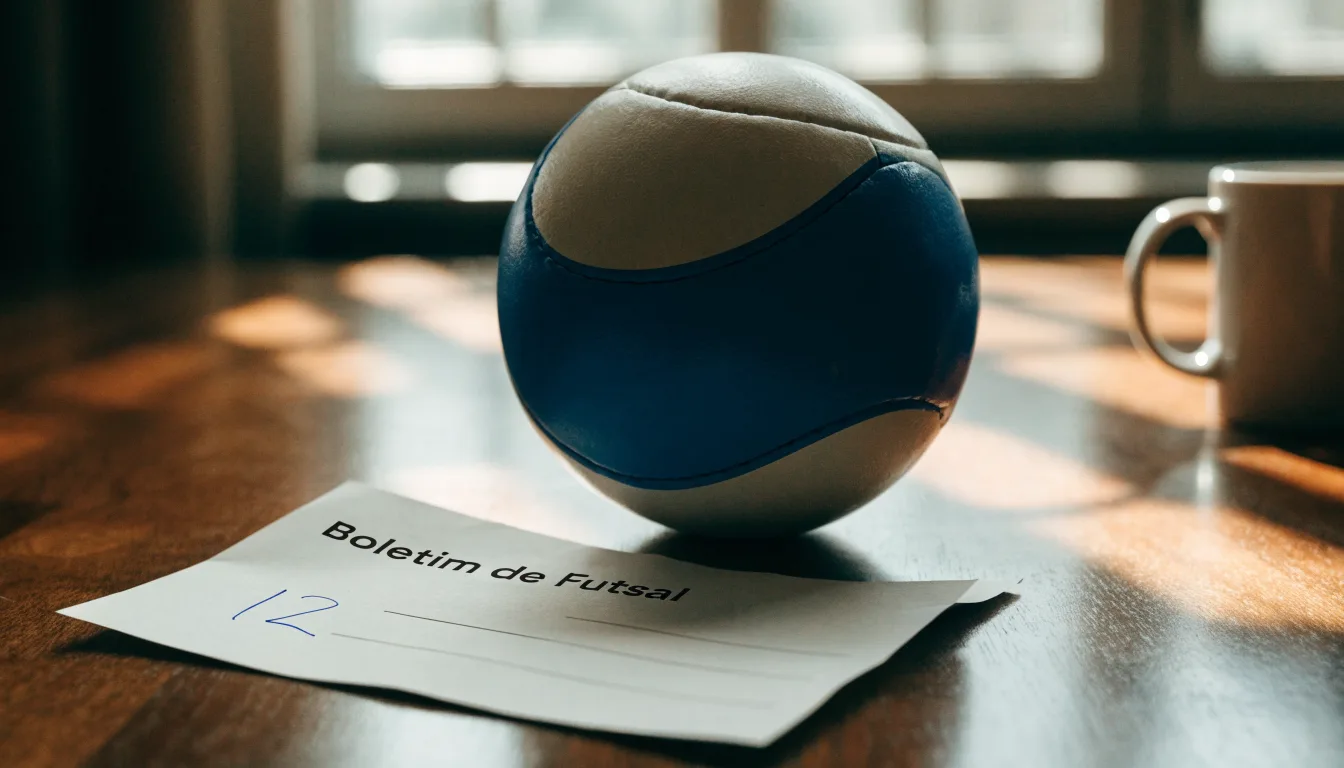 Uma bola de futebol pousada sobre um talão de apostas em branco numa mesa de madeira, à luz do dia