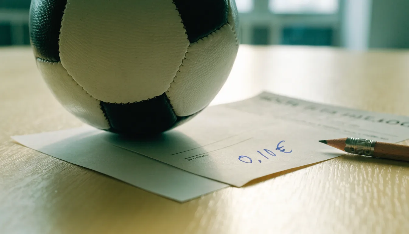 Uma bola de futebol pousada sobre um talão de apostas em branco numa mesa de madeira, à luz do dia