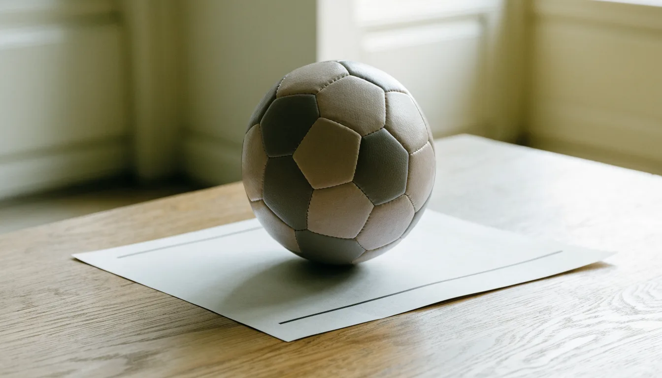 Uma bola de futebol pousada sobre um talão de apostas em branco numa mesa de madeira, à luz do dia