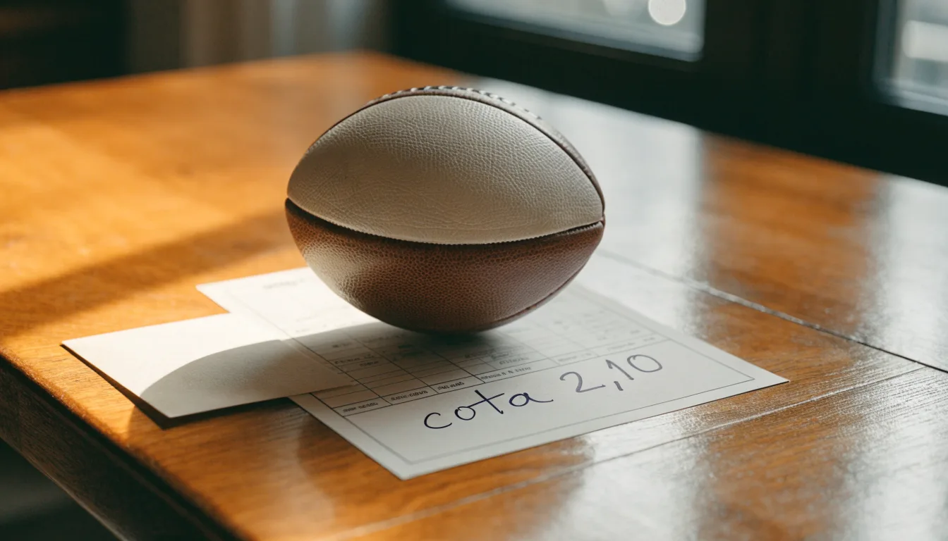 Uma bola de futebol pousada sobre um talão de apostas em branco numa mesa de madeira, à luz do dia