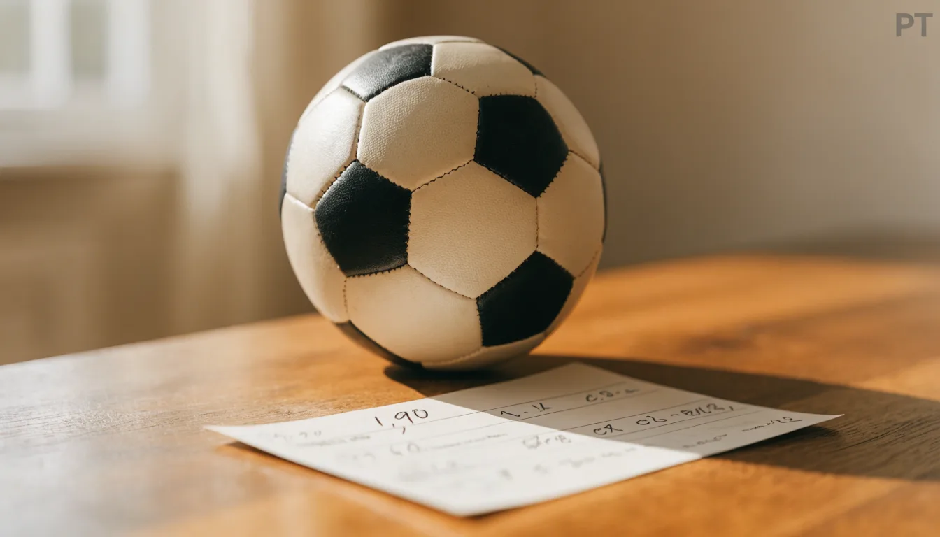 Uma bola de futebol pousada sobre um talão de apostas em branco numa mesa de madeira, à luz do dia