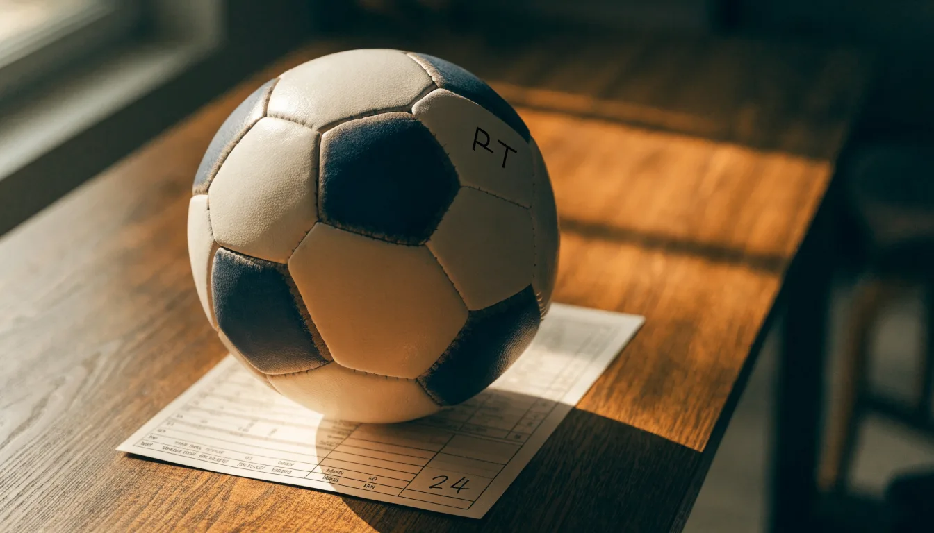Uma bola de futebol pousada sobre um talão de apostas em branco numa mesa de madeira, à luz do dia
