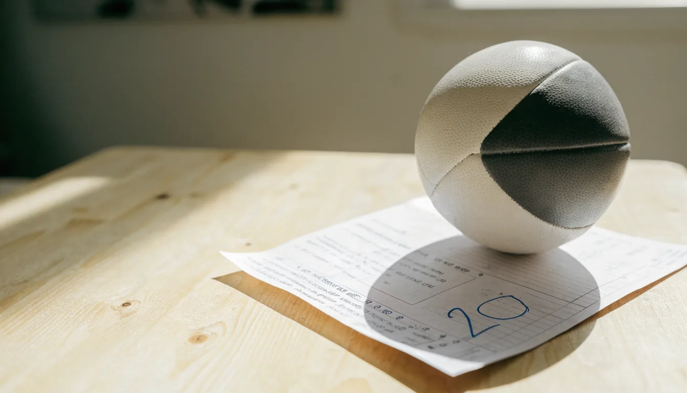 Uma bola de futebol pousada sobre um talão de apostas em branco numa mesa de madeira, à luz do dia
