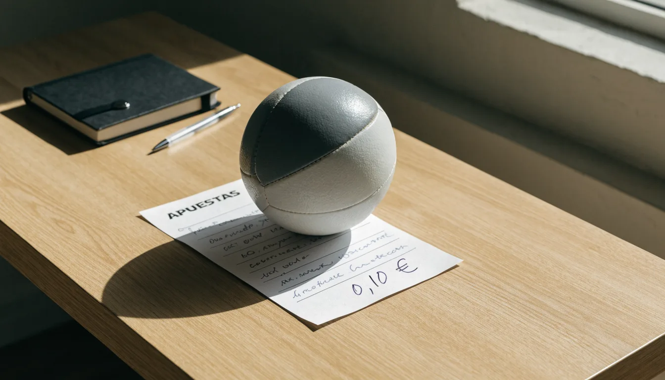 Uma bola de futebol pousada sobre um talão de apostas em branco numa mesa de madeira, à luz do dia