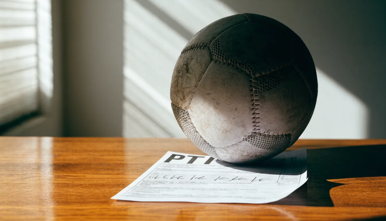 Uma bola de futebol pousada sobre um talão de apostas em branco numa mesa de madeira, à luz do dia