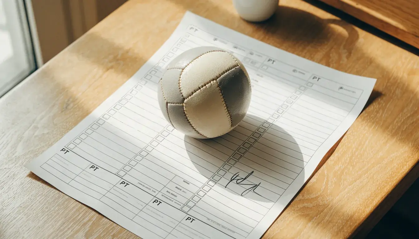 Uma bola de futebol pousada sobre um talão de apostas em branco numa mesa de madeira, à luz do dia