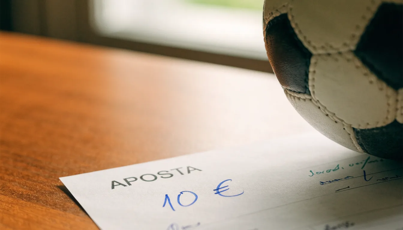 Uma bola de futebol pousada sobre um talão de apostas em branco numa mesa de madeira, à luz do dia