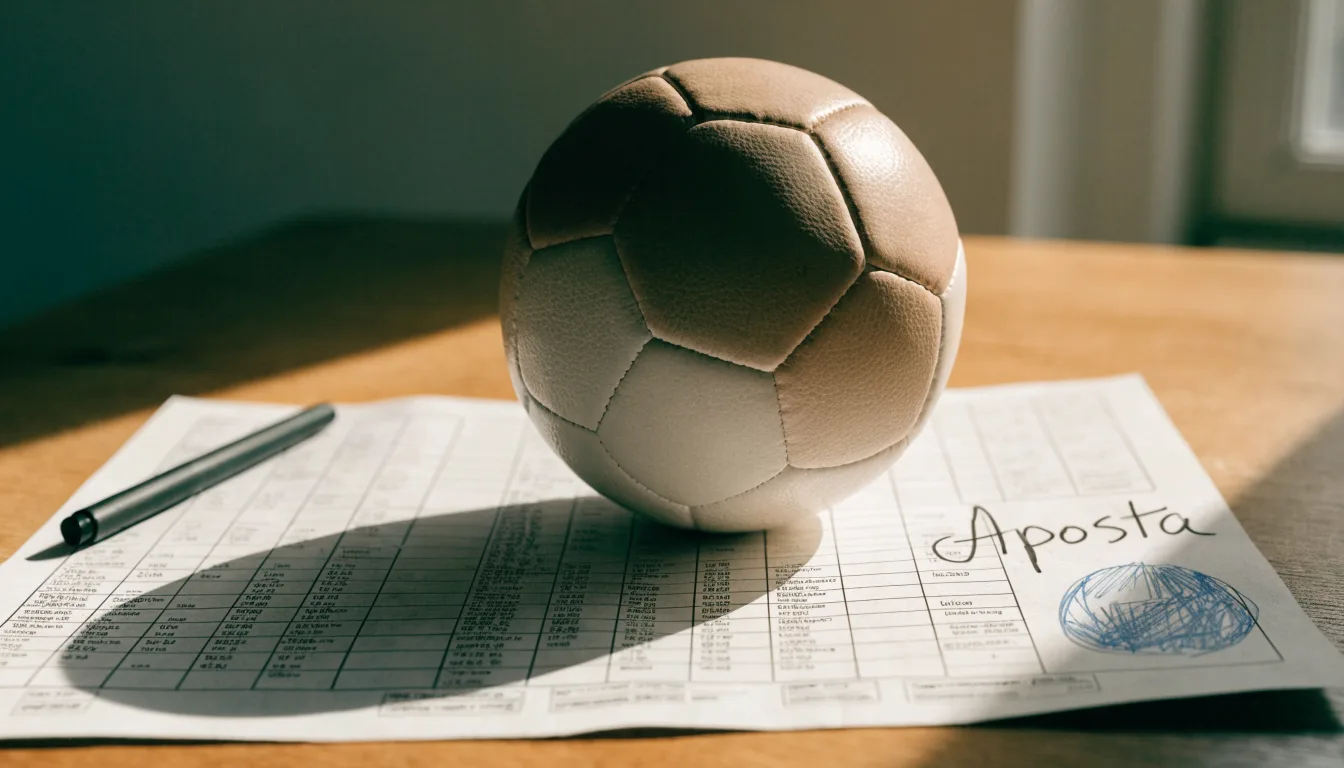Uma bola de futebol pousada sobre um talão de apostas em branco numa mesa de madeira, à luz do dia