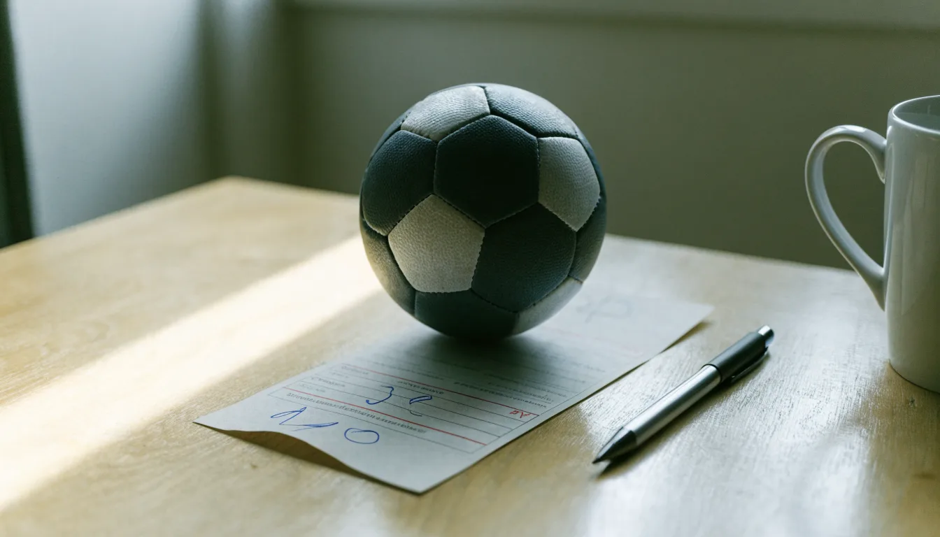 Uma bola de futebol pousada sobre um talão de apostas em branco numa mesa de madeira, à luz do dia