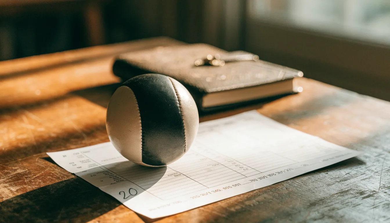 Uma bola de futebol pousada sobre um talão de apostas em branco numa mesa de madeira, à luz do dia