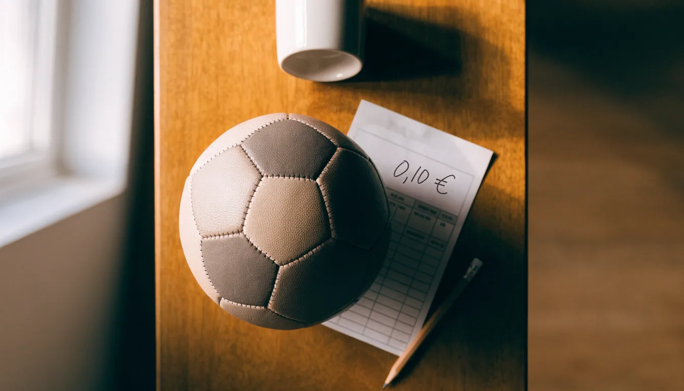 Uma bola de futebol pousada sobre um talão de apostas em branco numa mesa de madeira, à luz do dia