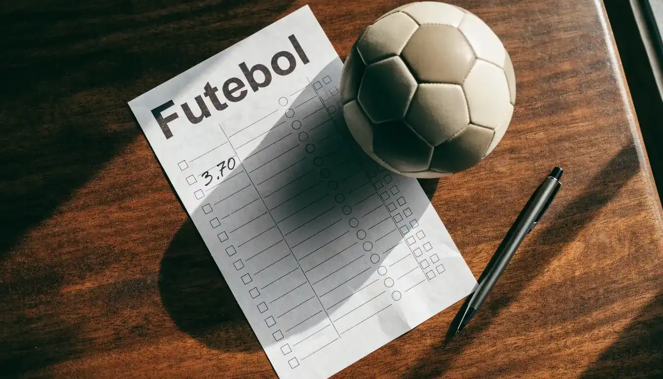 Uma bola de futebol pousada sobre um talão de apostas em branco numa mesa de madeira, à luz do dia